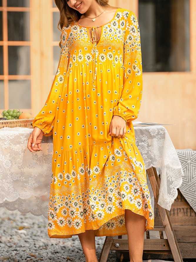 Floral Shift Long Sleeve Boho Weaving Dress