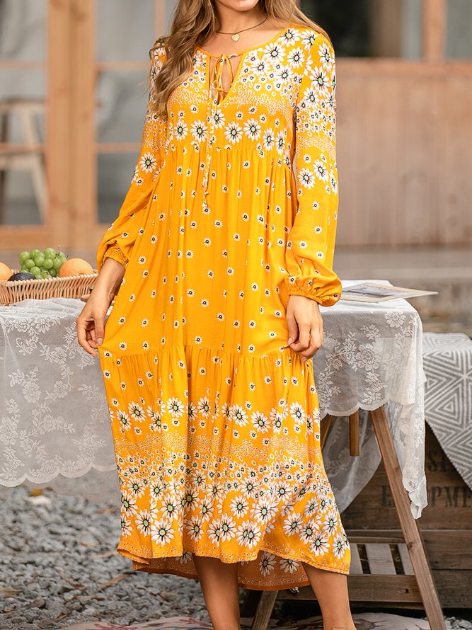Floral Shift Long Sleeve Boho Weaving Dress