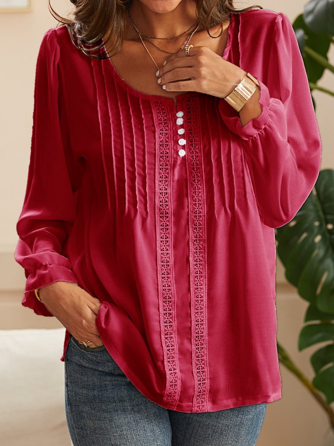 Long Sleeve Shift Plain V Neck Top
