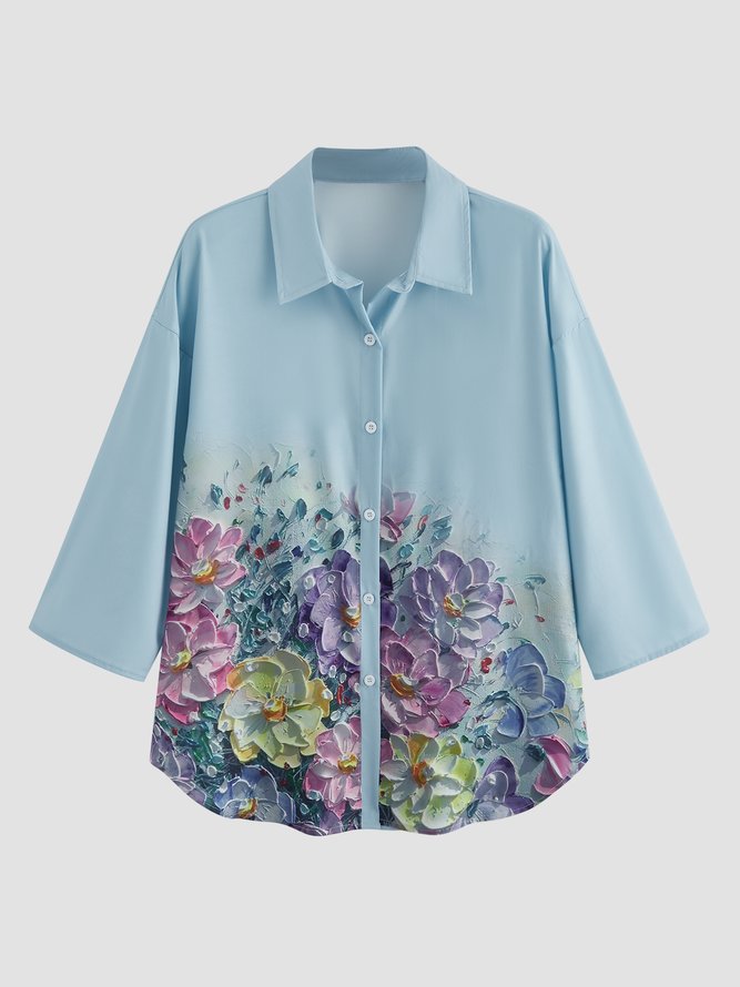 Shirt Collar Shift Cotton Long Sleeve Blouse