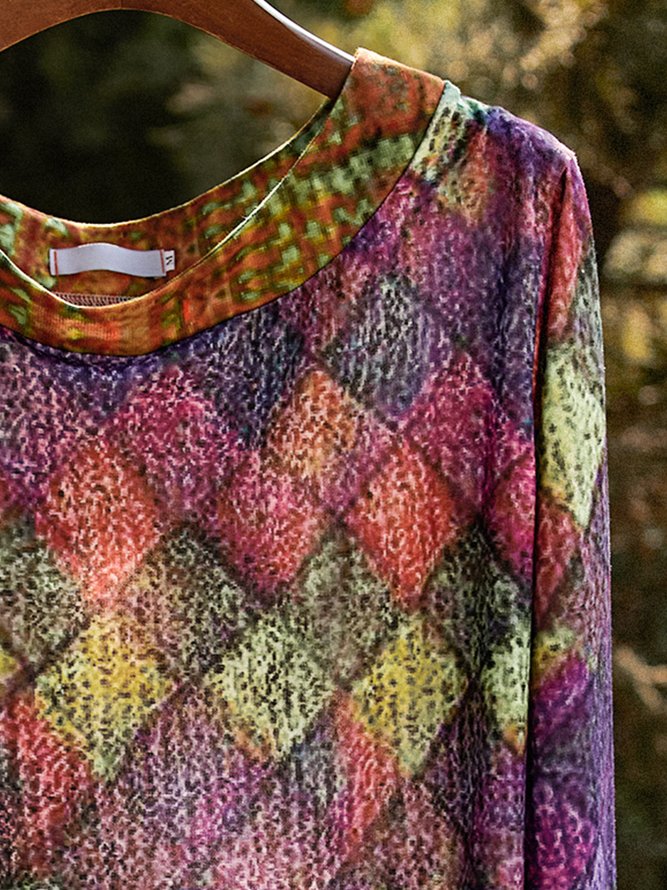 Abstract Crew Neck Knitted Shirt & Top