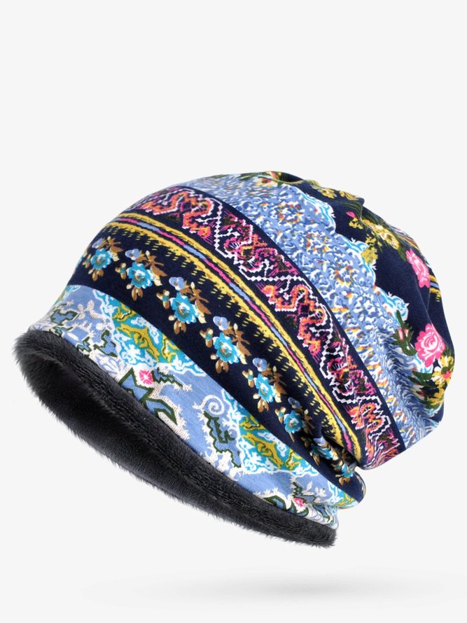 Women Vintage Stripe Print Beanie Outdoor Windproof Snow Hat