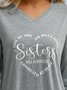 Women Sister Text Letters Regular Fit Jersey H-Line Casual V Neck Long Sleeve T-Shirt