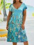 Plus Size Casual Floral V Neck Short Sleeve Knit Dress