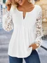 Lace Hollow out Plain Casual Patchwork Notched Neck Tunic Top Buttoned Design Long Sleeve Shirt