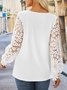 Lace Hollow out Plain Casual Patchwork Notched Neck Tunic Top Buttoned Design Long Sleeve Shirt