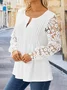 Lace Hollow out Plain Casual Patchwork Notched Neck Tunic Top Buttoned Design Long Sleeve Shirt