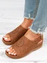 Ethnic Pattern Punched Hollow Velcro Vintage Hook And Loop Comfortable Wedge Sandals For Women