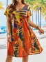 Plus Size V Neck Abstract Printed Casual Loose Dress