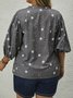 Plus Size Gray Star&Moon Printed Stand Collar Half Sleeve Casual Shift Top