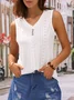 Loose V Neck Casual Buttoned Eyelet Embroidery  Front Tank Top