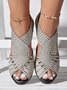 Black Rhinestone Hollow Peep Toe Chunky Heel Dress Sandals