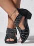 Black Rhinestone Hollow Peep Toe Chunky Heel Dress Sandals