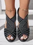 Black Rhinestone Hollow Peep Toe Chunky Heel Dress Sandals