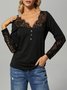 Sexy Lace Plain Regular Fit Elegant V Neck Long Sleeve T-Shirt