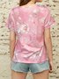 Cotton Floral V Neck Casual Loose H-Line Short Sleeve T-Shirt