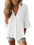Women Casual Solid  3/4 Sleeve V-neck Tops