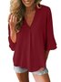 Women Casual Solid  3/4 Sleeve V-neck Top