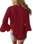 Women Casual Solid  3/4 Sleeve V-neck Top