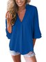 Women Casual Solid  3/4 Sleeve V-neck Top