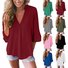 Women Casual Solid  3/4 Sleeve V-neck Top