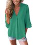 Women Casual Solid  3/4 Sleeve V-neck Top