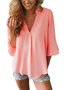 Women Casual Solid  3/4 Sleeve V-neck Top