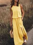 Women Vintage Boho Sleeveless Round Neck Solid Maxi Weaving Dress