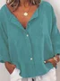 zolucky Women Casual Solid V Neck Cotton Long Sleeve Buttoned Top