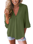 Women Casual Solid  3/4 Sleeve V-neck Top