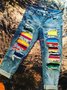 Blue Boho Stripes Ripped Jeans