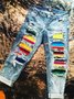 Blue Boho Stripes Ripped Jeans