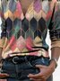 Color-Block Long Sleeve Shirt Collar Abstract Blouse