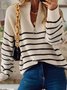 V Neck Zipper Long Sleeve Stripes Sweater