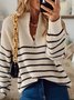 V Neck Zipper Long Sleeve Stripes Sweater