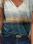 Women's Casual Ombre/Tie-Dye Scenery print V neck T-shirt