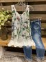 Floral  Sleeveless Printed Cotton-blend Crew Neck  Sweet  Summer  White Top