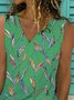 Leaves Sleeveless  Printed  Cotton-blend  V neck Holiday Summer Green Top
