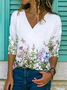 Women's Casual  Floral-Print Long Sleeve V Neck Shirt