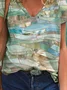 Geometric Short Sleeve Printed  Cotton-blend V neck Holiday Summer Beige Top
