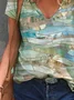 Geometric Short Sleeve Printed  Cotton-blend V neck Holiday Summer Beige Top