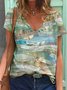 Geometric Short Sleeve Printed  Cotton-blend V neck Holiday Summer Beige Top
