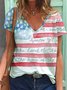 Flag Short Sleeve Printed Cotton-blend  V neck  Holiday Summer  Multicolor Top