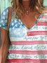 Flag Short Sleeve Printed Cotton-blend  V neck  Holiday Summer  Multicolor Top