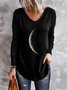 Black Moon Printed V Neck Casual Long Sleeve Shift Top