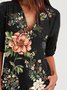Black Floral Printed Casual Holiday V Neck Long Sleeve Shift Tops
