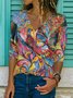 Multicolor V Neck Printed Long Sleeve Casual Shift Top