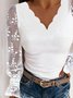 White V Neck Paneled Lace Basic Sexy Long Sleeve Top