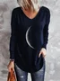 Black Moon Printed V Neck Casual Long Sleeve Shift Top