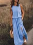 Women Vintage Boho Sleeveless Round Neck Solid Maxi Weaving Dress